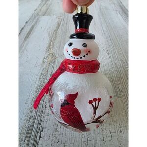 Cardinals snowman glass snow ornament glitter red Xmas tree unique